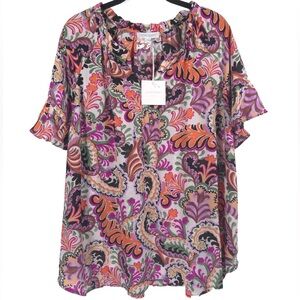 NWT CYNTHIA ROWLEY Ruffle V neck SS‎ Sleeve Floral Paisley Top Blouse Size 2X